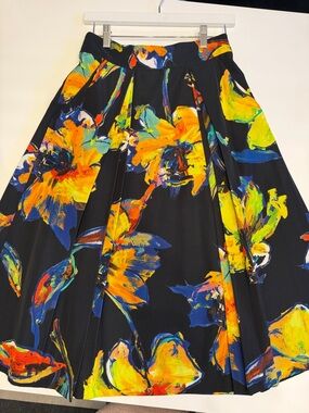 Milly Black Floral A-Line Midi Skirt with Yellow & Blue Brushstroke Print